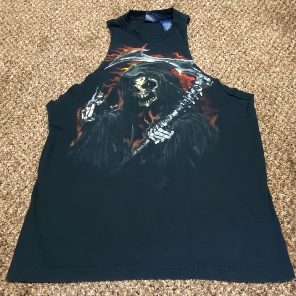 Vintage 90s grim reaper cut black muscle tee grunge metal horror